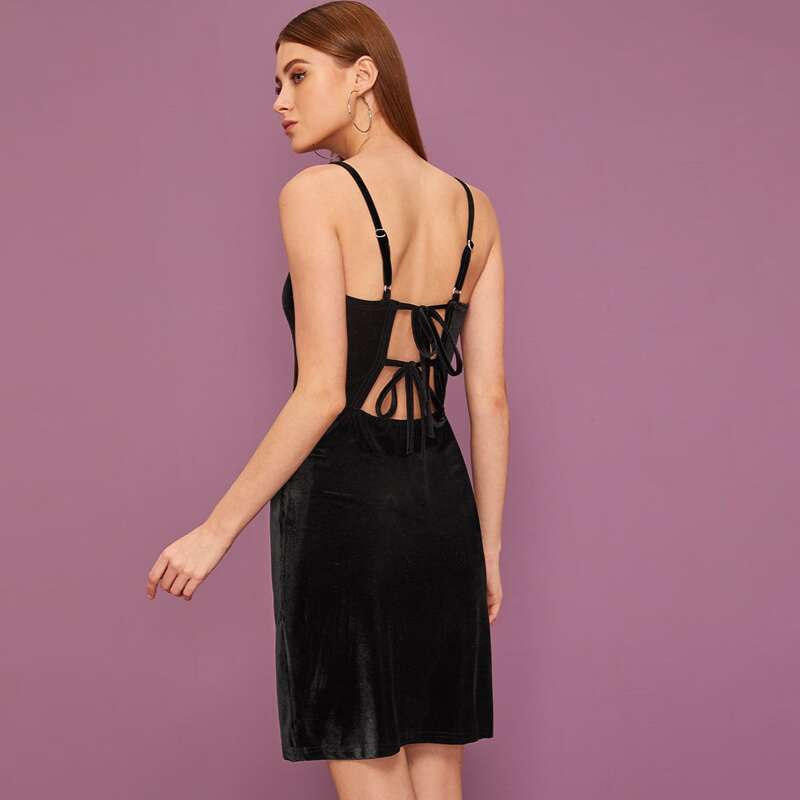 

Tie Back Backless Velvet Cami Dress, Black