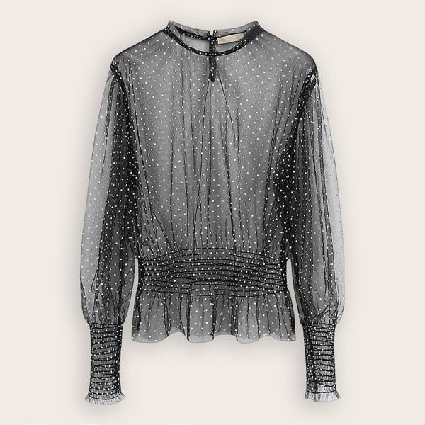

Ruffle Hem Polka Dot Sheer Mesh Blouse, Black