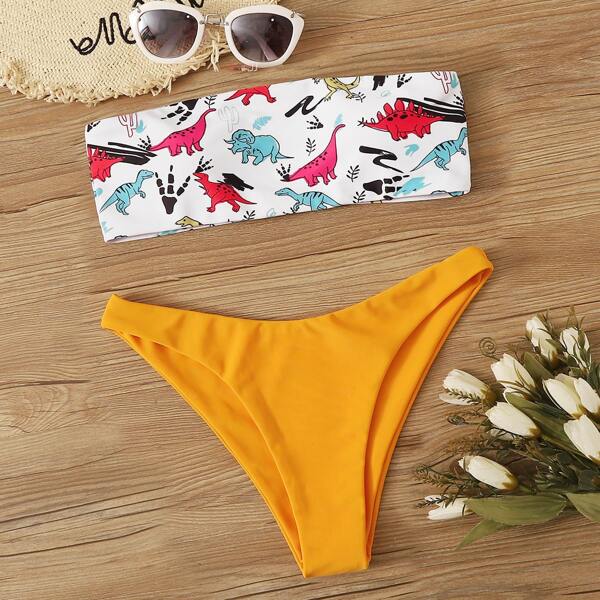 

Cartoon Dinosaur Print Bandeau With High Cut Bikini, Multicolor