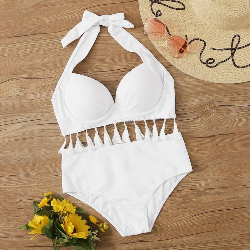 

Tassel Trim Underwire Halter Bikini Set, White