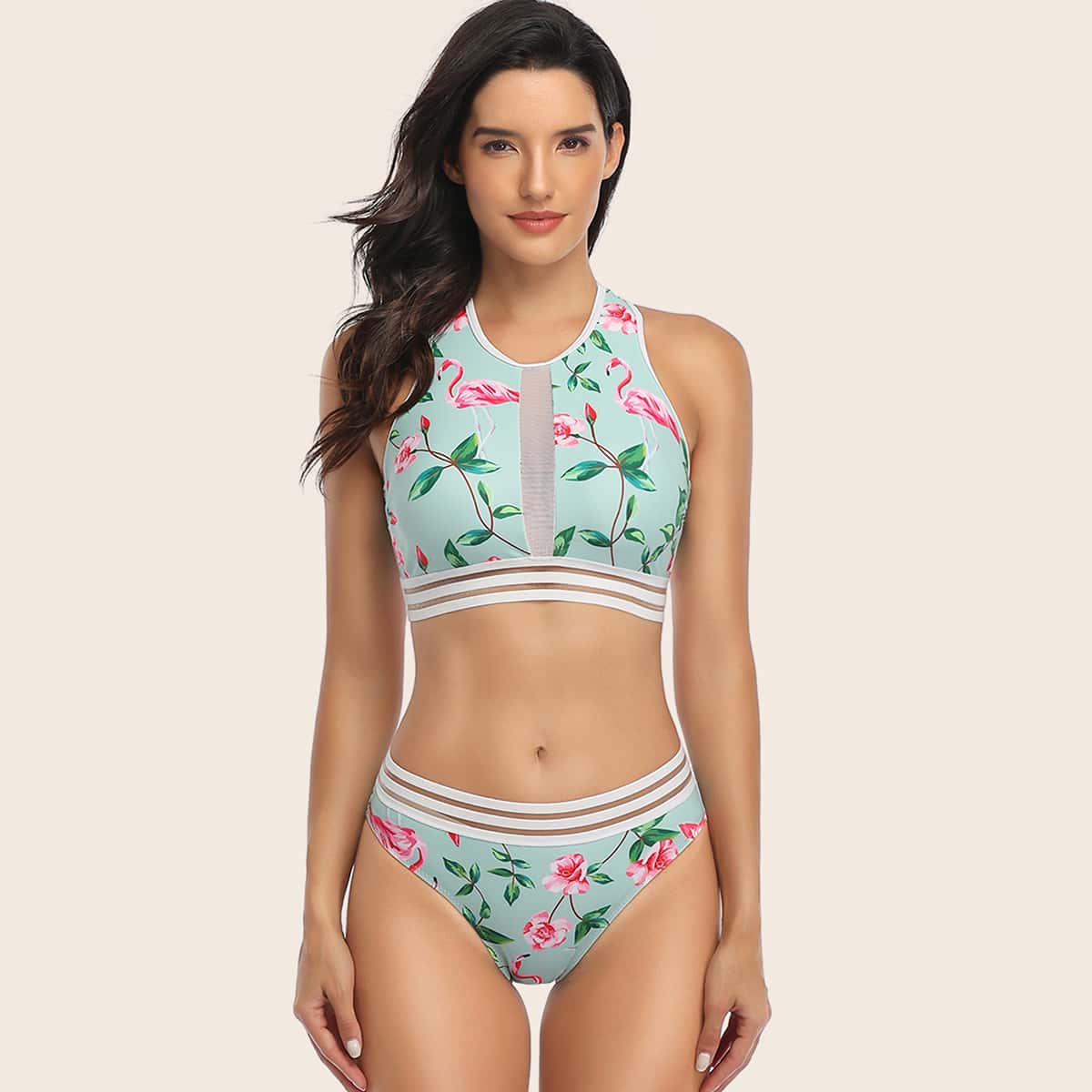 

Floral Print Contrast Mesh Top With High Waist Bikini, Multicolor