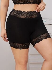 SHEIN LUNE Shorts biker con encaje en contraste - grande - Negro - Ver 1