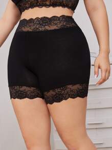 SHEIN LUNE Shorts biker con encaje en contraste - grande - Negro - Ver 4