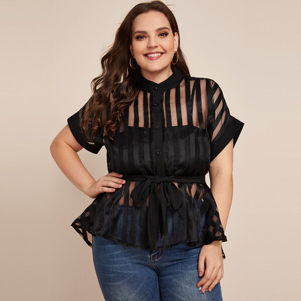 

Plus Self Tie Ruffle Hem Sheer Blouse, Black