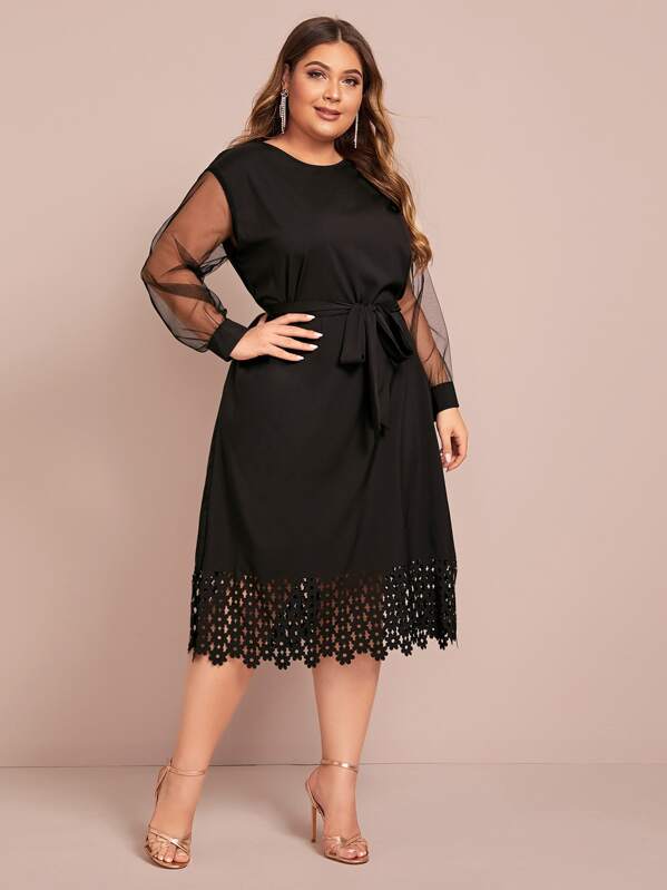 

Plus Laser Cut Mesh Sleeve Belted Dress, Black, Carol