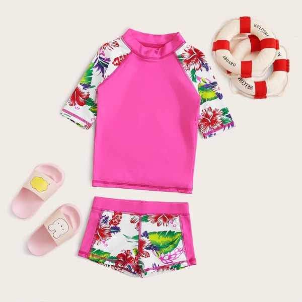 

Toddler Girls Palm Print Short Sleeve Tankini, Pink