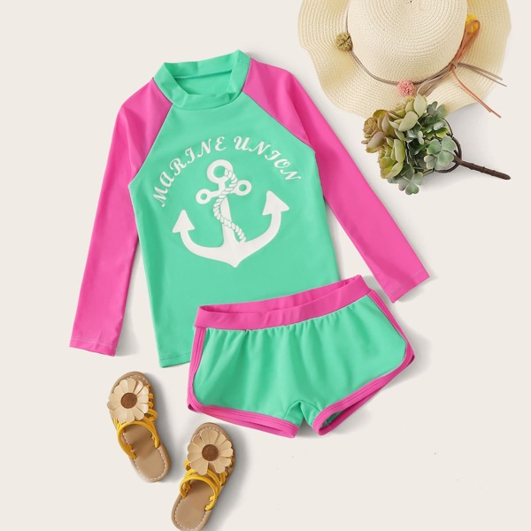 

Toddler Girls Letter & Anchor Print Long Sleeve Tankini, Multicolor