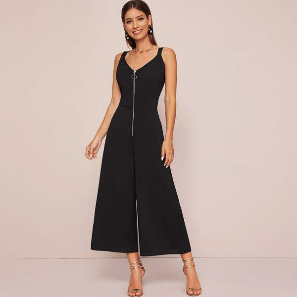 

Zip Through Wide Leg Cami Jumpsuit, Black