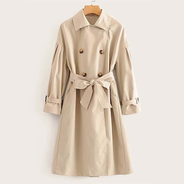 

Double Breasted Drop Shoulder Belted Trench Coat, Khaki