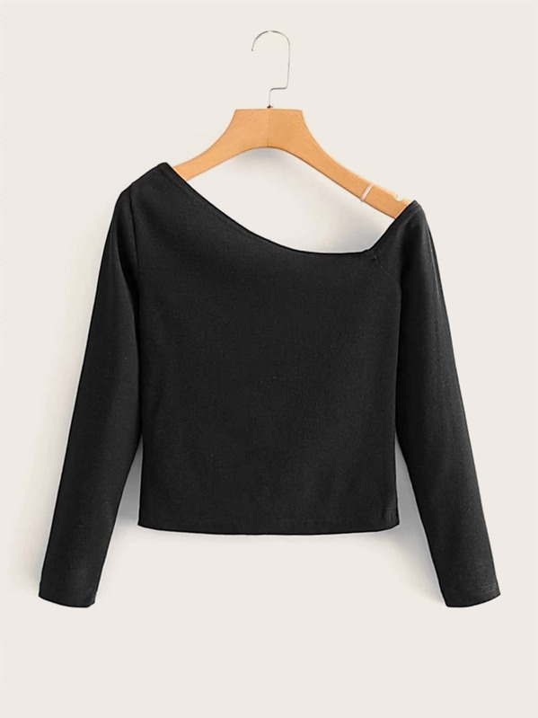 

Asymmetrical Neck Solid Crop Tee, Black