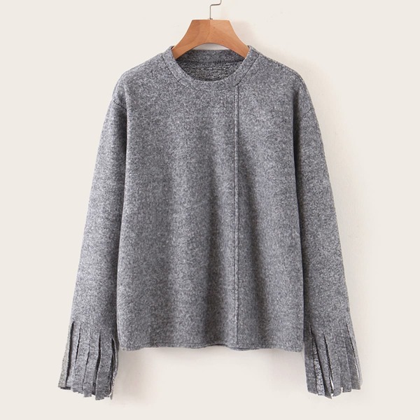 

Fringe Cuff Drop Shoulder Tee, Grey