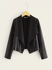 SHEIN Tween Girl Waterfall Collar PU Leather Jacket - Black - View 1