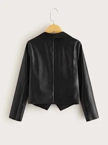 SHEIN Tween Girl Waterfall Collar PU Leather Jacket - Black - View 2