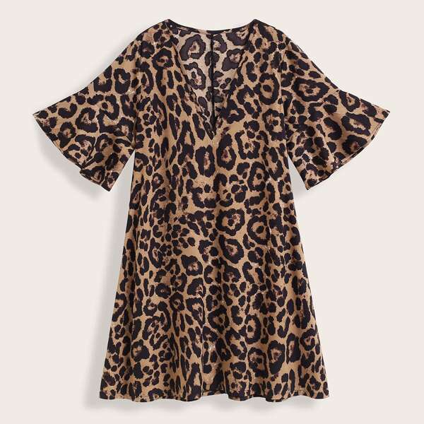 

Plus V-neck Leopard Print Tunic Dress, Multicolor
