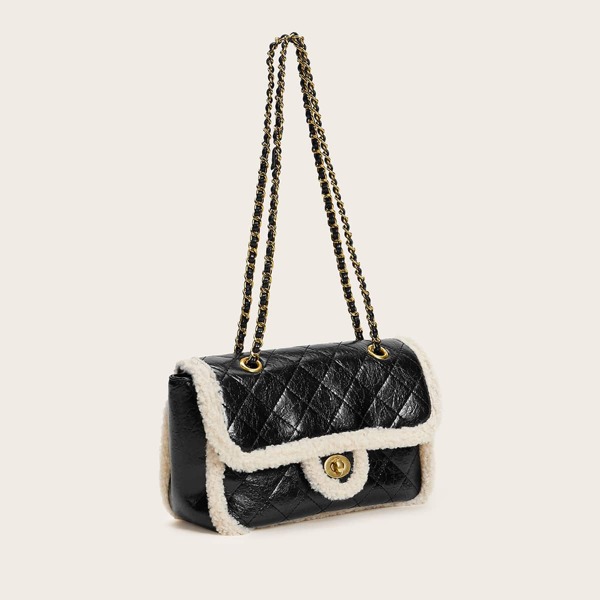 

Twist Lock Contrast Faux Fur Chain Bag, Black
