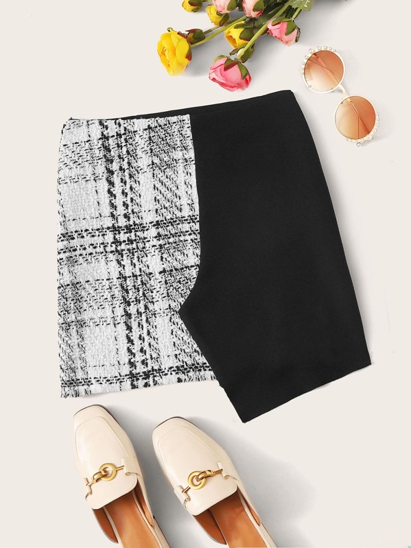 

Plaid Colour Block Tweed Bodycon Skirt, Black and white