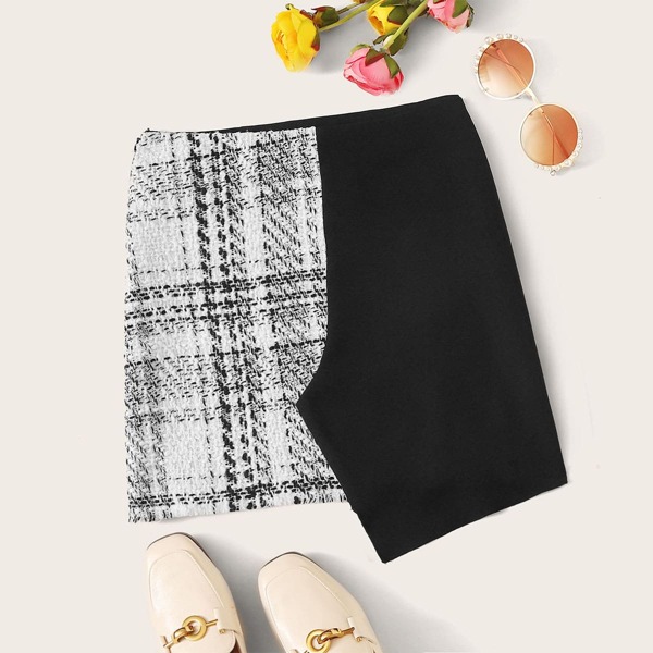 

Plaid Spliced Asymmetrical Hem Tweed Skirt, Black and white