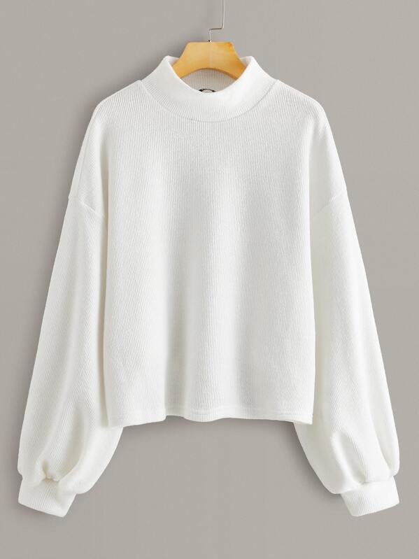 

Drop Shoulder Lantern Sleeve Rib-knit Top, White