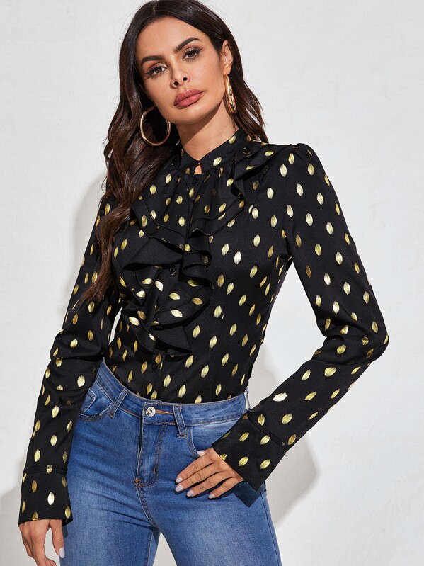 

Jabot Collar Gold Print Blouse, Black, Andy