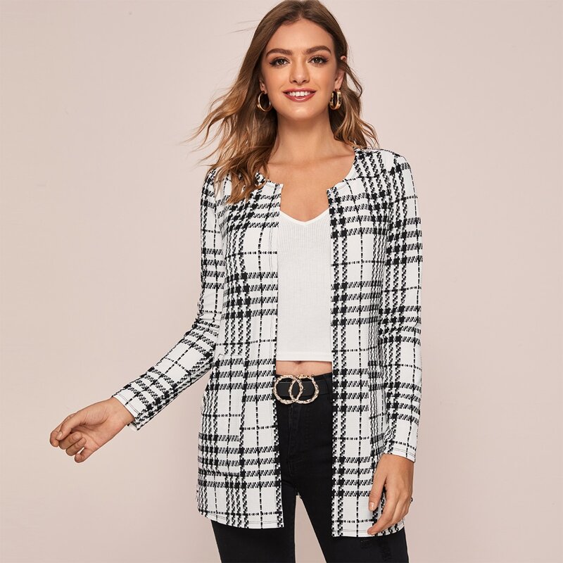 

Open Front Patch Pocket Plaid Coat, Black and white