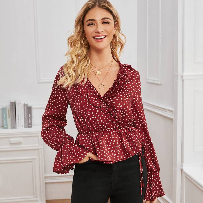 

Ruffle Trim Tie Front Peplum Dalmatian Blouse, Burgundy