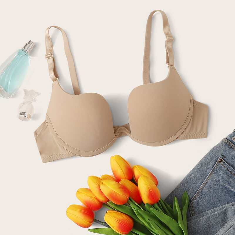 

Solid Adjustable Strap Bra, Apricot