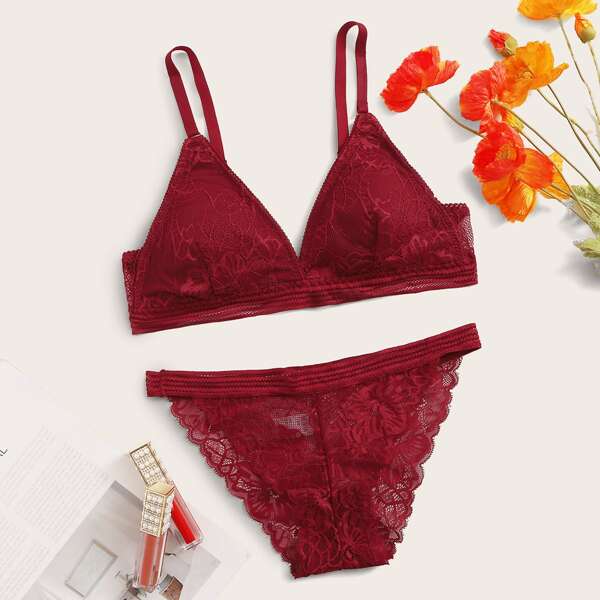 

Floral Lace Lingerie Set, Red