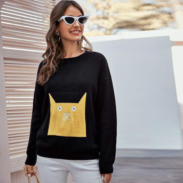 

Drop Shoulder Cartoon Sweater, Black