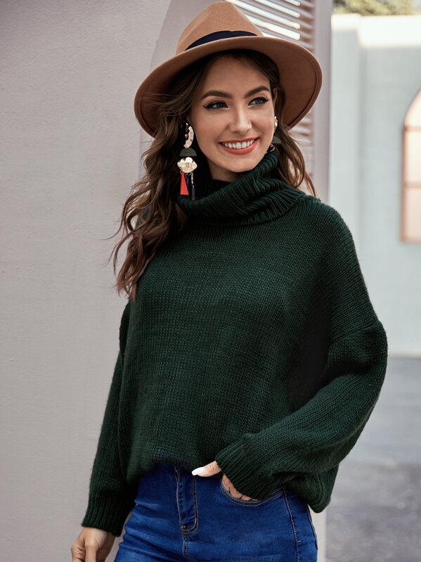 

Turtle Neck Drop Shoulder Oversized Sweater, Green, Debi