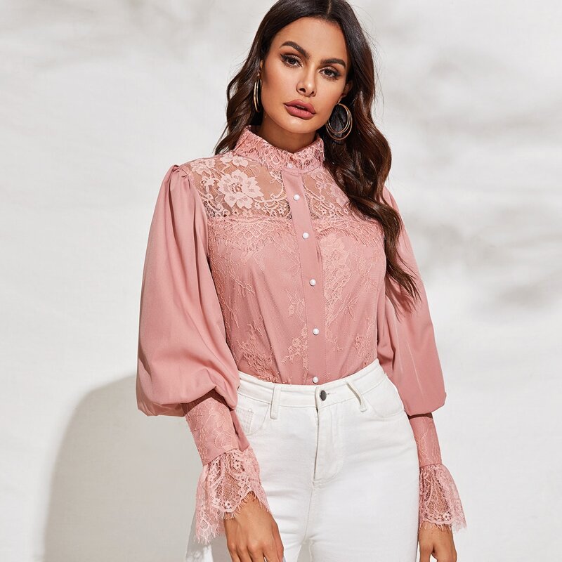 

Lace Insert Bishop Sleeve Blouse, Pink pastel