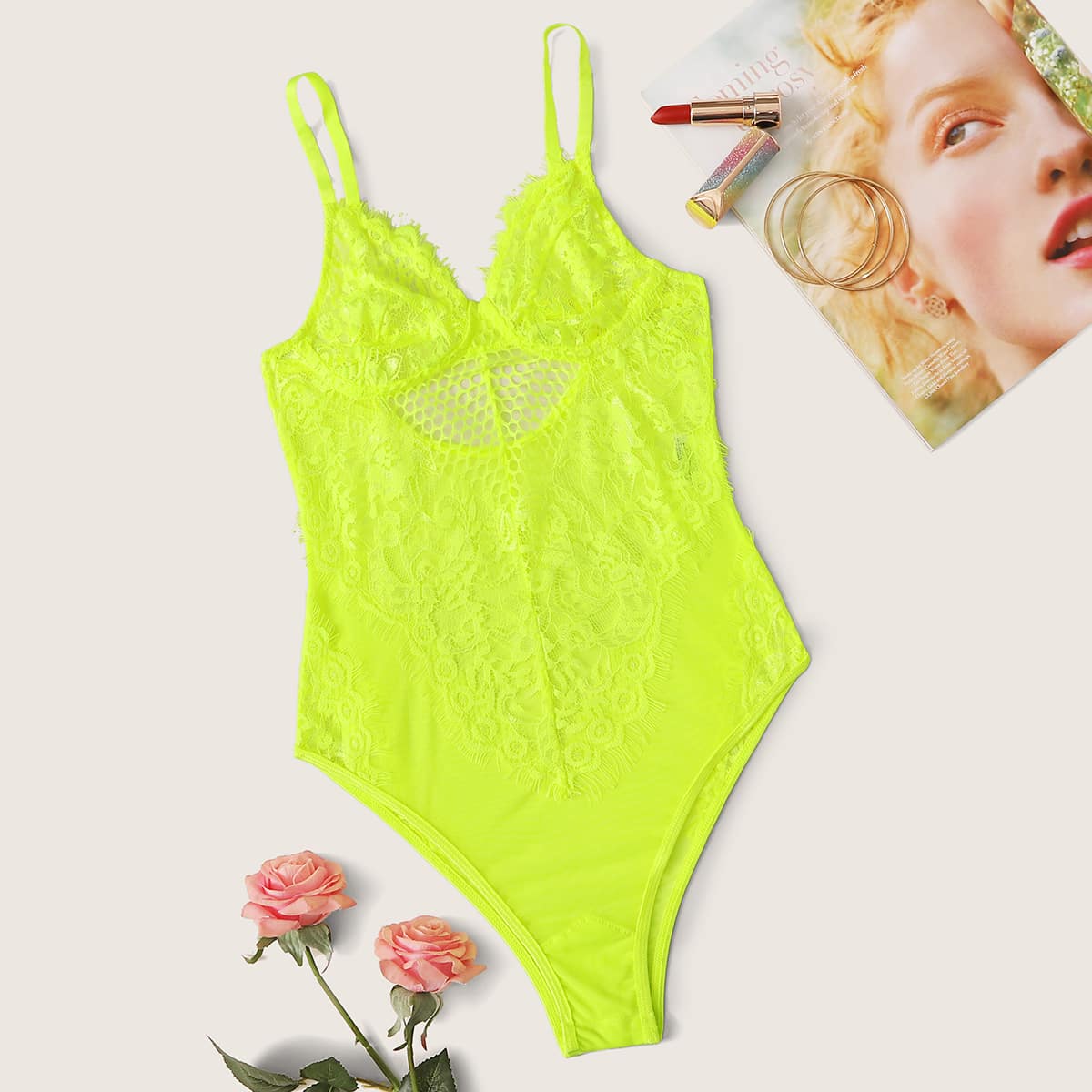 

Neon Yellow Eyelash Floral Lace Teddy Bodysuit, Yellow bright