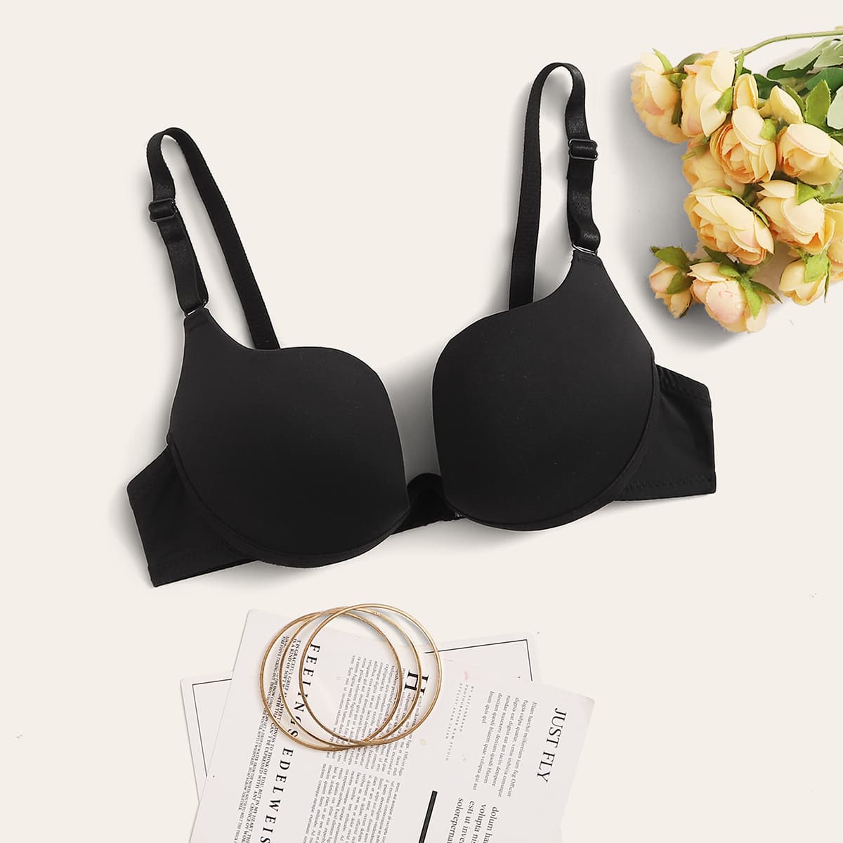 

Solid Adjustable Strap Bra, Black
