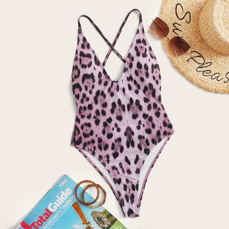 

Leopard Pattern Criss Cross Back One Piece Swimsuit, Multicolor