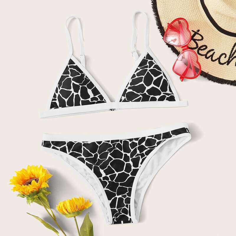 

Allover Print Contrast Binding Triangle Bikini Set, Black and white