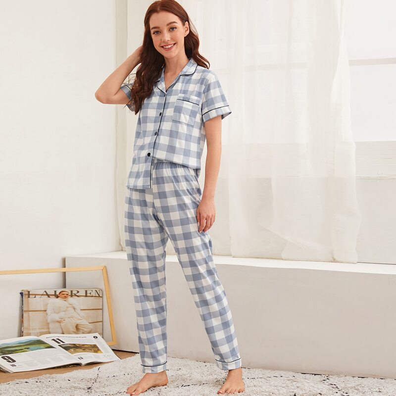 

Gingham Button-up PJ Set, Blue
