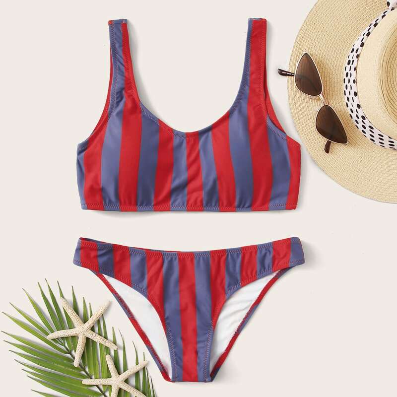 

Striped Top With Low Rise Bikini Set, Multicolor