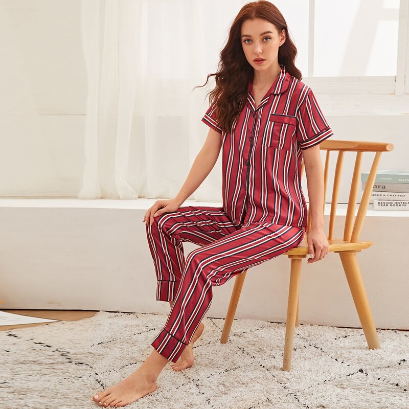 

Striped Button-up Satin PJ Set, Burgundy
