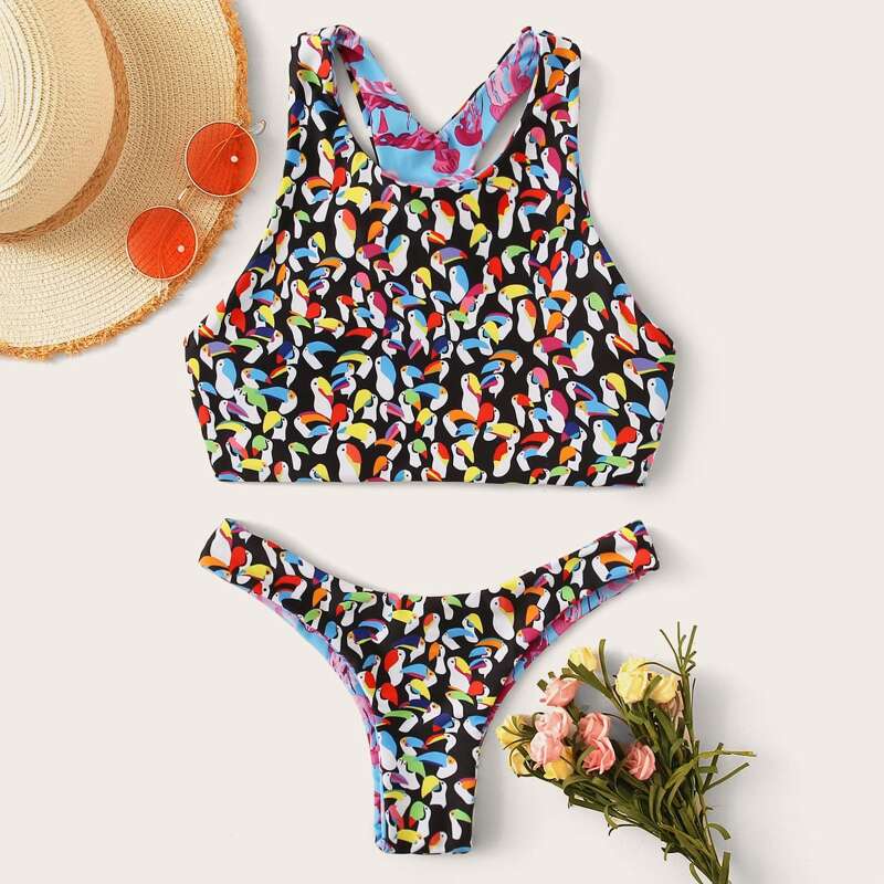 

Allover Bird & Jellyfish Print High Cut Bikini Set, Multicolor