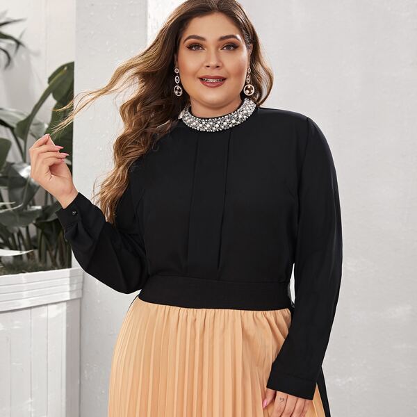 

Plus Pearls Beaded Neckline Pleated Detail Top, Black