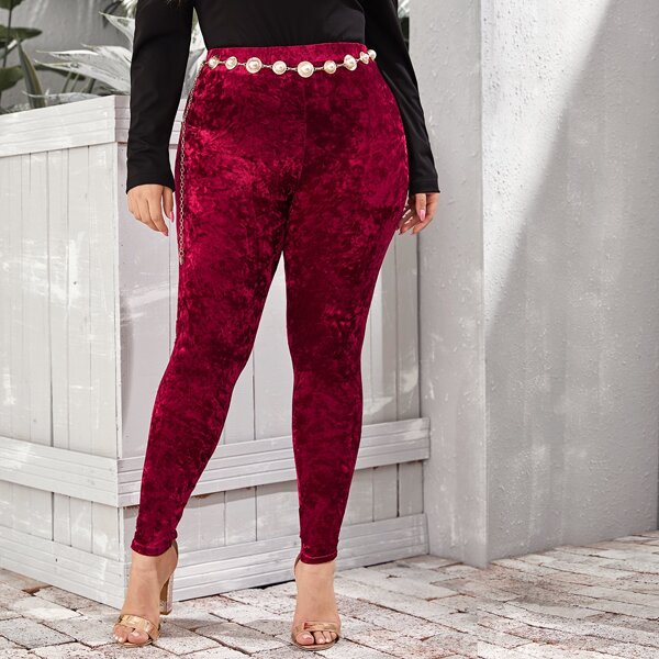 

Plus Solid Velvet Leggings Without Belt, Burgundy