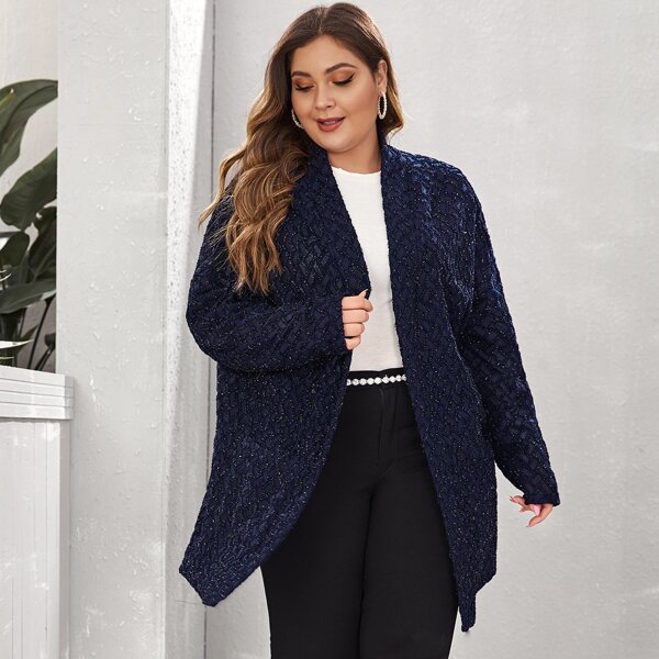 

Plus Open Front Drop Shoulder Textured Glitter Coat, Navy