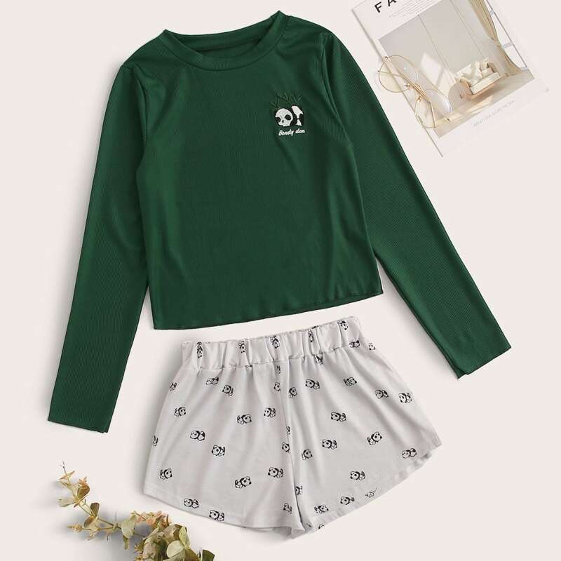 

Cartoon Panda Print PJ Set, Multicolor