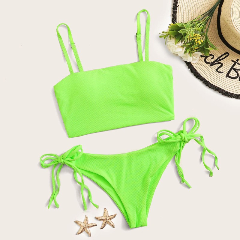 

Neon Green Ribbed Top With Tie Side Bikini Set, Green bright