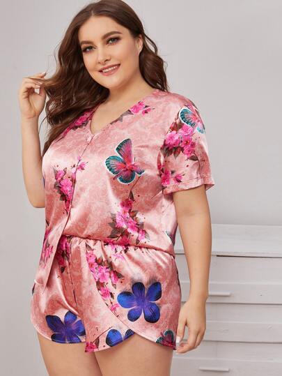 Plus Floral Print Satin PJ Set