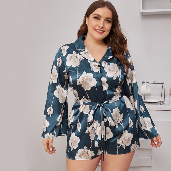 

Plus Floral Print Satin Belted Romper, Multicolor