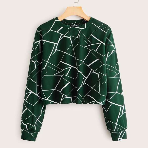 

Drop Shoulder Geo Print Pullover, Dark green
