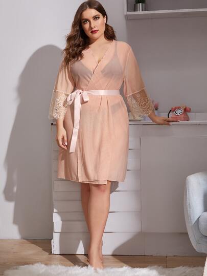 Plus Lace Trim Belted Mesh Robe