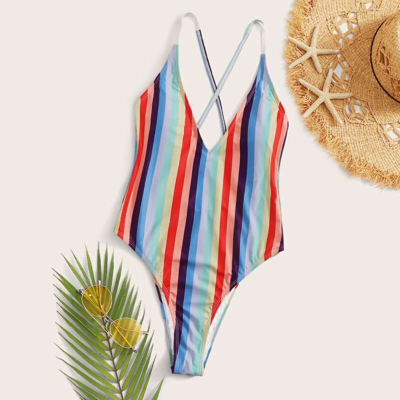 

Rainbow Striped Criss Cross One Piece Swimsuit, Multicolor
