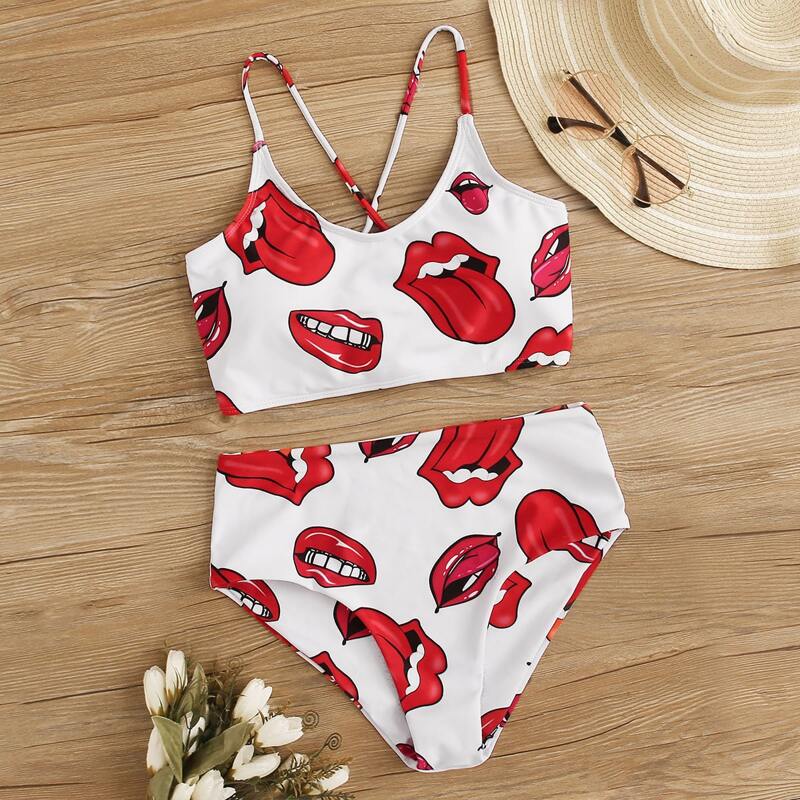 

Mouth Random Print Lace-up Top With High Waisted Bikini, White