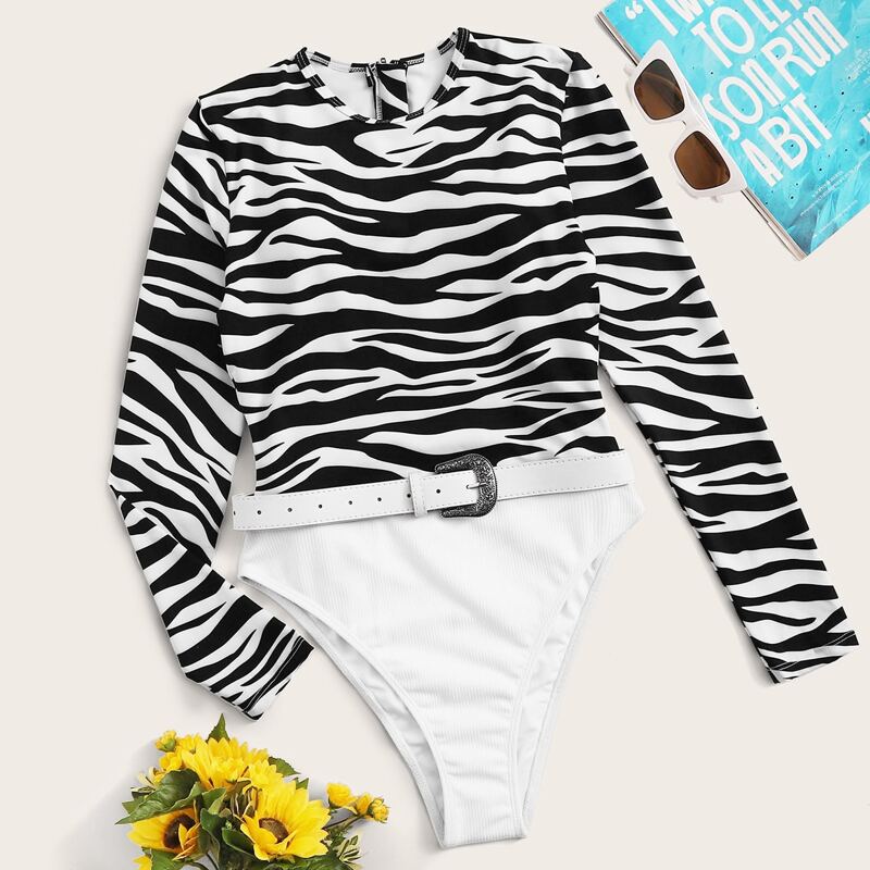 

Zebra Striped Belted Long Sleeve One Piece Swimwear, Black and white